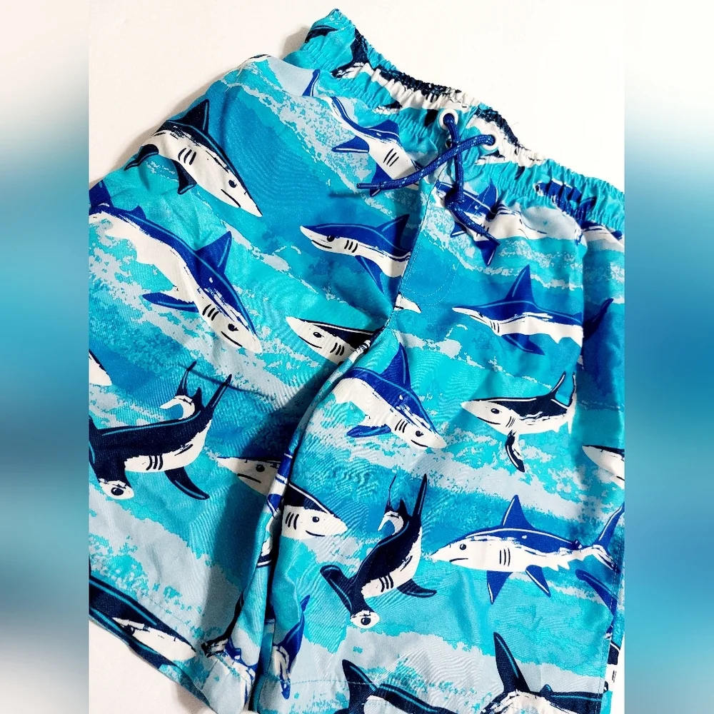 Boys Shark Swim Trunks‎ Size 8 Blue Ocean Print Mesh Lined Adjustable Waist